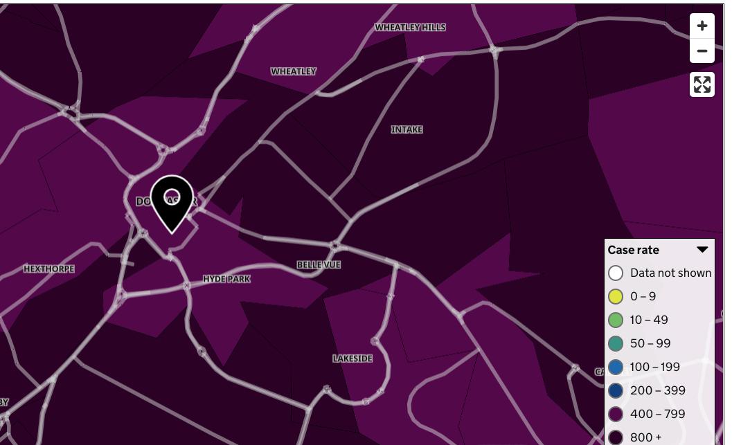 This map shows 7-day case rate per 100,000 people.