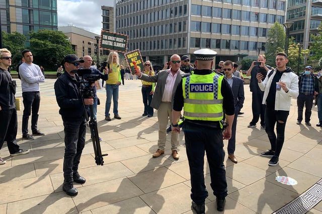 Police warn protestors in Sheffield's Peace Gardens that they're in violation of health restrictions, ahead of the protest at 12pm on Saturday
