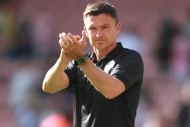 Paul Heckingbottom, manager of Sheffield United, applauds the fans after victory over Blackburn Rovers: Simon Bellis / Sportimage