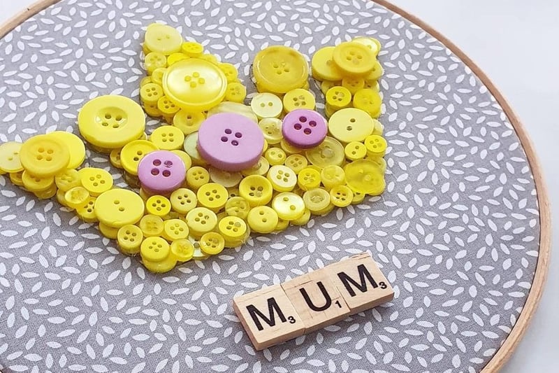 Designer, Louise Coe, is known for usually handmaking personalised nursery decor and button art and for Mother's Day she's made a one-off design. She can be found on Etsy.