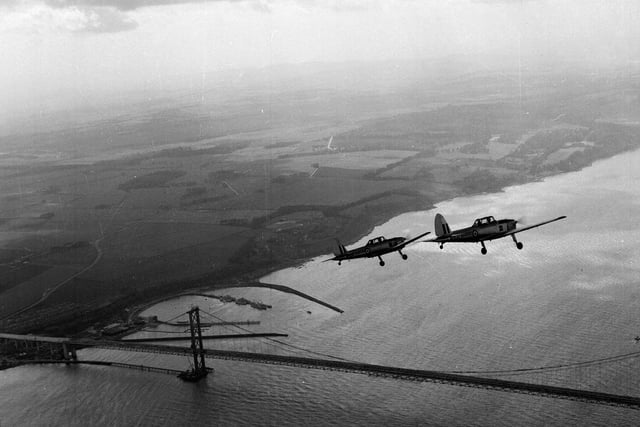 Student Pilots fly over Queensferry and the two Forth Bridges during practice for the Scone Trophy Comp at RAF Leuchars in May 1964.