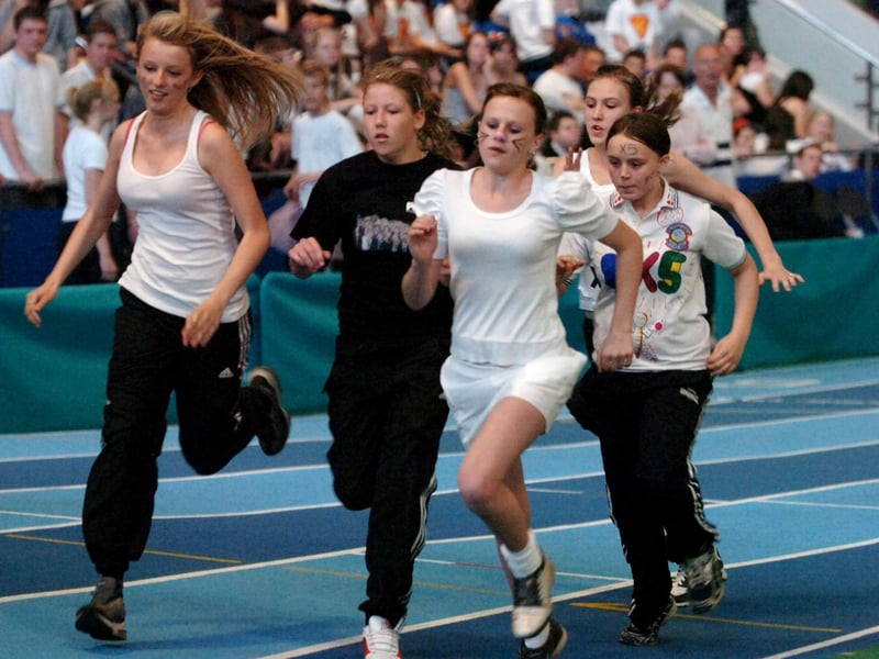 The start of the girls Y8 400m race, with eventual winner Paige Glossop (2nd right), pictured at the Westfield School Sports Day at the English Institute of Sport (July 11, 2007)