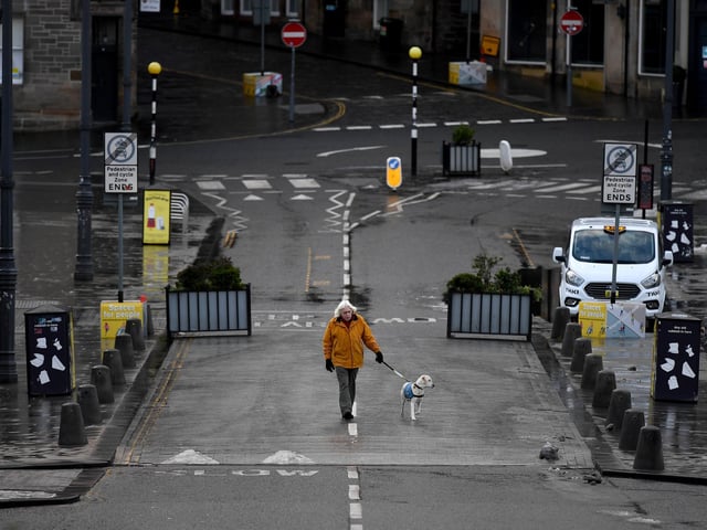A quiet dog walk in Edinburgh City Centre on January 4, 2021 in Edinburgh, Scotland.