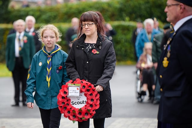 A wreath is laid at Larne War Memorial on behalf of local Scouts.