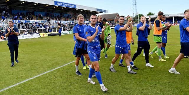 Hartlepool United players following the 3-2 win over Bromley. Picture by FRANK REID