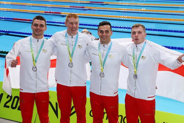Silver medalists, James Guy, Jacob Whittle, Joe Litchfield and Tom Dean of Team England pose with their medals for the Men's 4 x 200m Freestyle Relay Final on day four of the Birmingham 2022 Commonwealth Games at Sandwell Aquatics Centre on August 01, 2022 on the Smethwick, England. (Photo by Clive Brunskill/Getty Images)