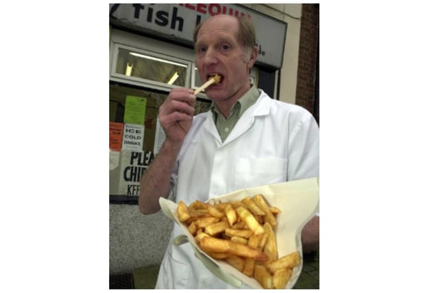 Bill Green pictured outside the Harlequin Chip Shop on Howard Street, Sheffield to mark National Chip Week 2003
