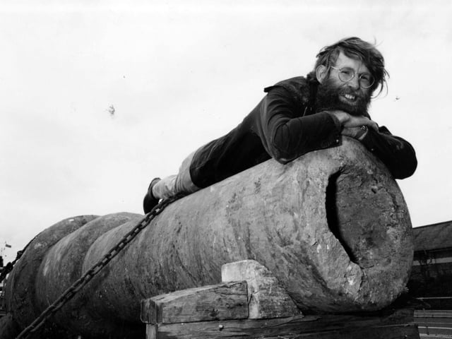 Nicholas Hall, Curator of the Artillery Fort Nelson, views the 38 ton, 1870s gun at the Wight Link Ferry after having transported it from Fort Albert, 1993. The News PP5721
