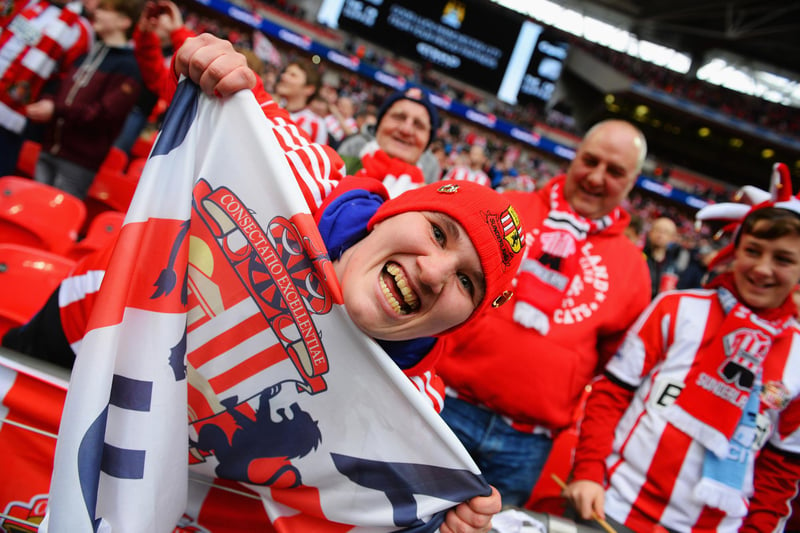 A Sunderland fan jokes around in front of the camera prior to the final against Manchester City at Wembley.