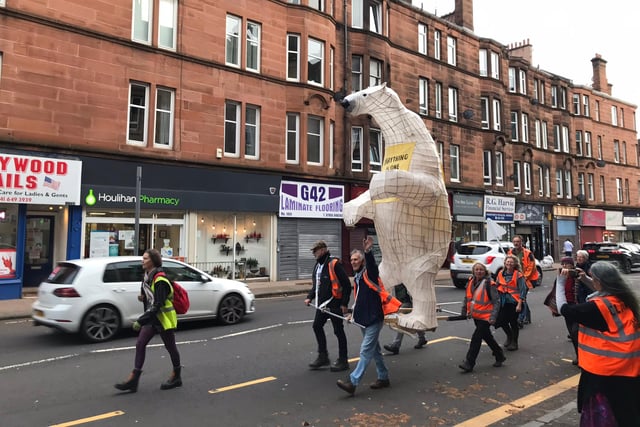 A ten-foot sculpture called Clarion the Polar Bear arrived in Glasgow this morning, marking the culmination of a 306-mile walk.
