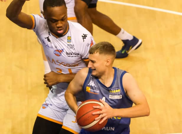 Nate Montgomery in action for the Sheffield Sharks against Glasgow Rocks.