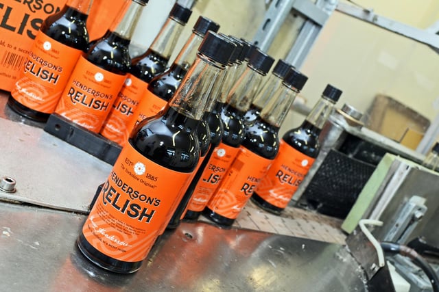 Bottles of Henderson's Relish pictured on the production line