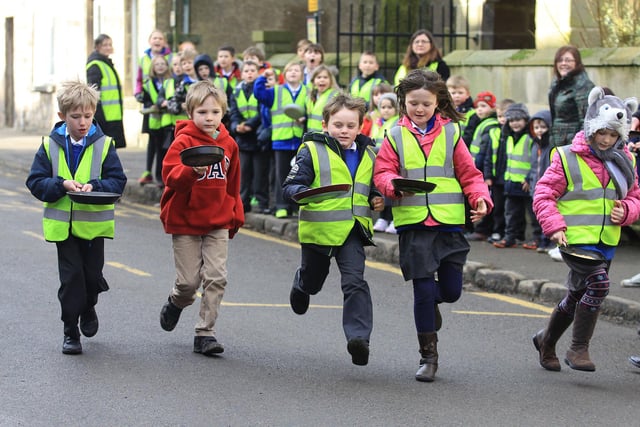 One of the primary school races for the Winster Pancake races in 2015
