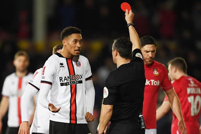 Daniel Jebbison of Sheffield United is sent off against Wrexham: Gary Oakley / Sportimage
