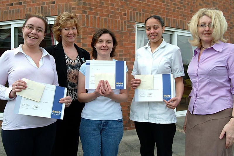 Care staff at Flower Parks Nursing Home, Rossington St, Denaby have earned a nationally recognised literacy qualification by studying at their workplace. 
Pictured in 2005 (left to right): Hearther Mannion, Linda Norton, Diane Fowler, Davina Abdulazeez and Doncaster College Key Worker Pam Ward.