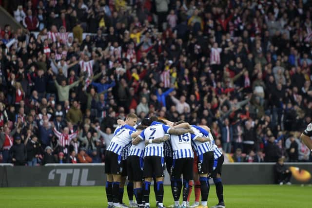 Sheffield Wednesday players huddle at the Stadium of Light ahead of taking on Sunderland    Pic Steve Ellis