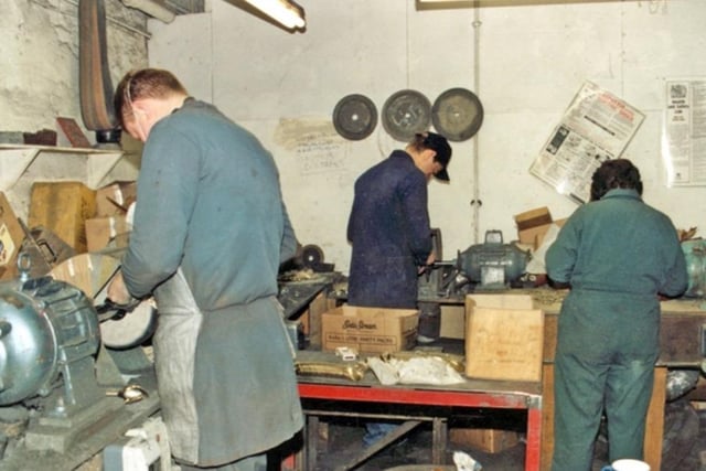 Buffers working in the Butcher Works, on Arundel Street, in Sheffield city centre, in 1993