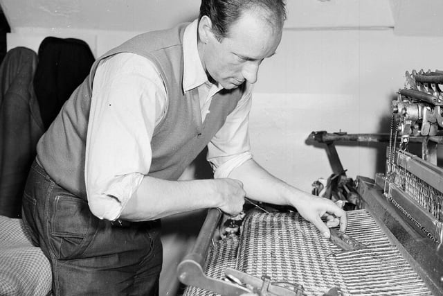 Rothesay - Isle of Bute Industries Tweed Mill - weaver at work, 1960s.