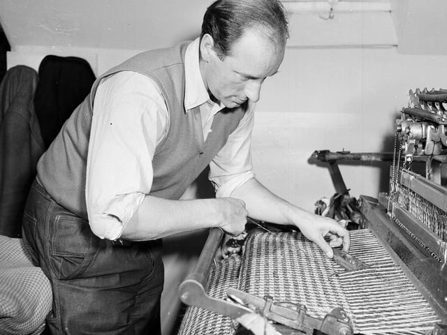 Rothesay - Isle of Bute Industries Tweed Mill - weaver at work, 1960s.