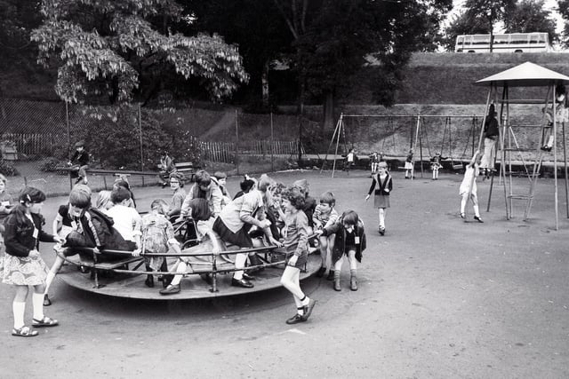 Action in the children's playground at Crookes Valley Park, Sheffield, June 15, 1976