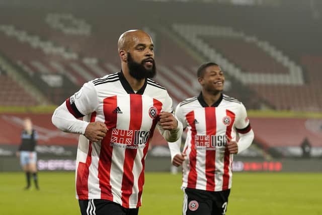 David McGoldrick of Sheffield Utd celebrates scoring his sides opening goal during the Premier League match at Bramall Lane, Sheffield. Picture date: 3rd March 2021. Picture credit should read: Andrew Yates/Sportimage