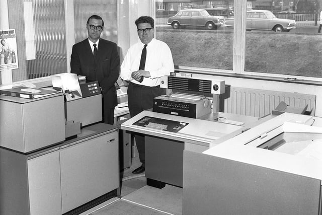 Pictured with the first computer to be installed by Hepworth and Grandage are technical engineer Mr D W Hobson (right) and works director Mr S G Waller. Did you work for the firm?