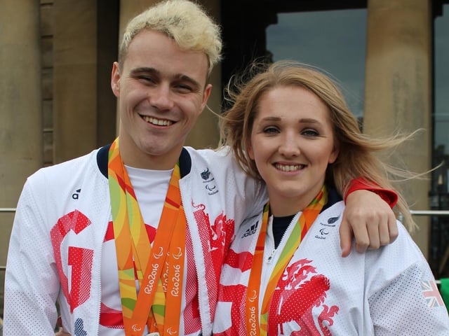 Ollie Hynd and Charlotte Henshaw proudly display their medals after the 2016 Paralympic Games.