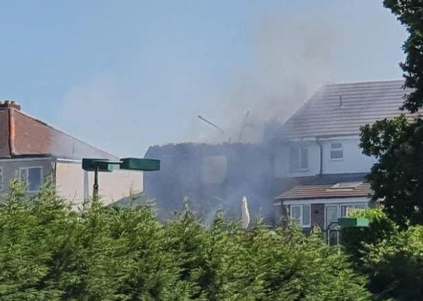 A close up of the house fire in Greenhill, Old Park Road showing the vast visual damage the 'explosion' has affected the top half of the house. Though reports of an ‘explosion’ from social media remain unconfirmed by the emergency services.