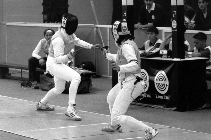 A World Student Games fencing match at Graves Tennis and Leisure Centre on July 15, 1991. Ref no: s24756