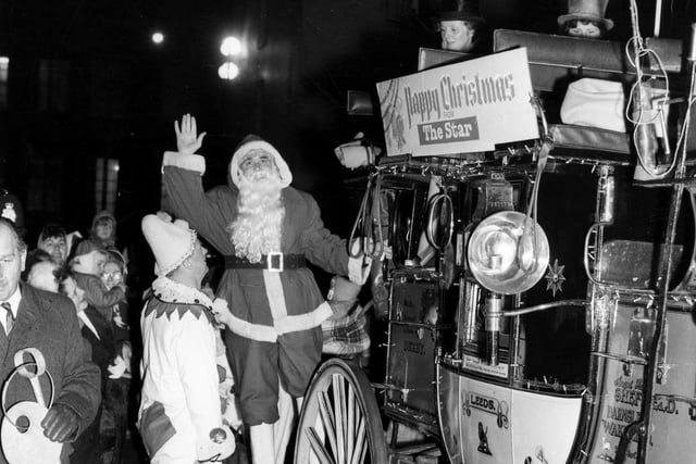 Father Christmas at the switch on of the Christmas illuminations in Barkers Pool in 1965