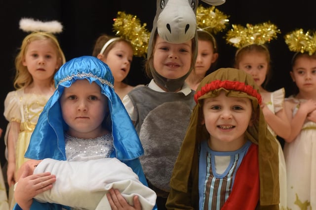 Mary was played by Lexi Pounder, Joseph was Vinny Auton and Donkey was Erin Athey in the 2015 Nativity at Jesmond Gardens Primary School.