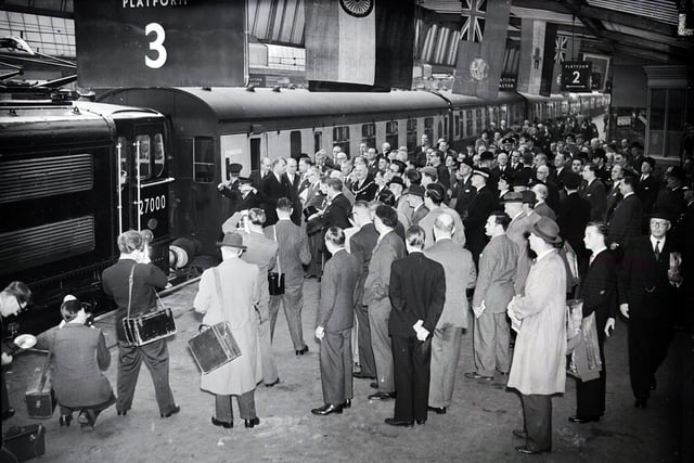 A general view of the platform and first electric train at the inauguration of electric railway from Sheffield Victoria Station, September 14, 1954
