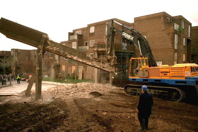 Pictured are workmen starting the demolition of Rotherham's Oakhill Flats on Doncaster Road in 1998
