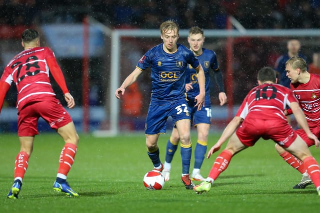 Mansfield Town midfielder George Lapslie looks for a way through the Doncaster defence.