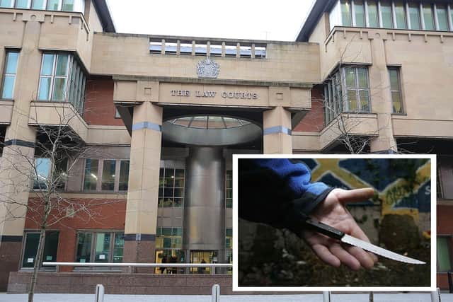 Sheffield Crown Court, pictured, has heard how a "terrifying" knifeman laid siege at a Rotherham bakery where a customer took refuge behind a locked door. Also pictured is an example of a knife.