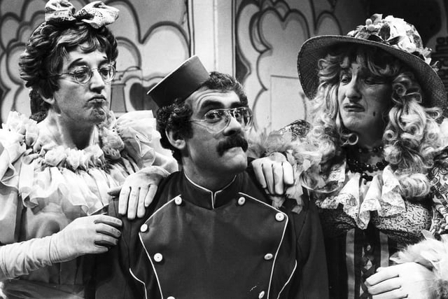 Pictured at the dress rehearsal of Cinderella at the Crucible Theatre are, left to right, Chris Johnston as Daffodil, Bobby Knutt as Buttons and Stanley Lloyd as Aubretia in December 1981.