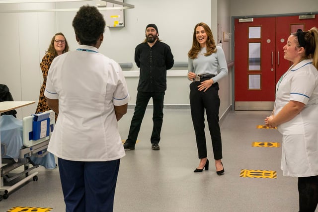 The Duchess of Cambridge has a laugh as she visits students at the University of Derby to hear how the pandemic has impacted university life and what national measures have been put in place to support student mental health