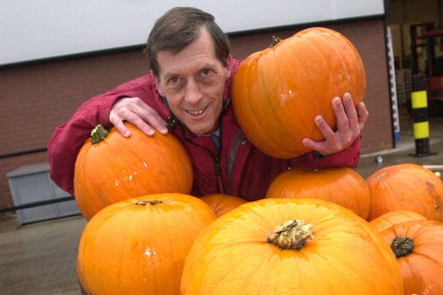 Principal markets officer Andrew Chappell with some pumpkins, at the South Yorkshire Fresh Produce and Flower Centre, Sheffield. 29 October 2002