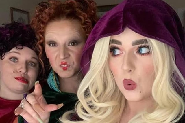 Tina and friends as the Sanderson Sisters from Hocus Pocus, en route to entertain customers of Haywood's at Mansfield Woodhouse