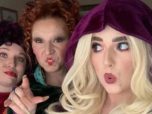 Tina and friends as the Sanderson Sisters from Hocus Pocus, en route to entertain customers of Haywood's at Mansfield Woodhouse