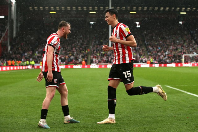 Sheffield United's Anel Ahmedhodzic (right) celebrates scoring their side's first goal of the game against Preston