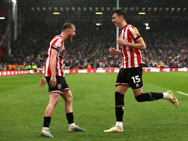 Sheffield United's Anel Ahmedhodzic (right) celebrates scoring their side's first goal of the game against Preston