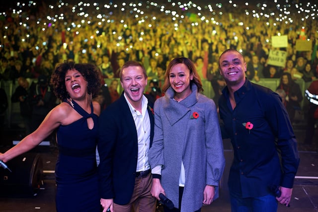 Sheffield Olympic great Jessica Ennis-Hill with presenters JoJo, Hirsty and Danny from radio show Hirsty's Daily Dose at the Meadowhall 2012 Christmas lights switch-on