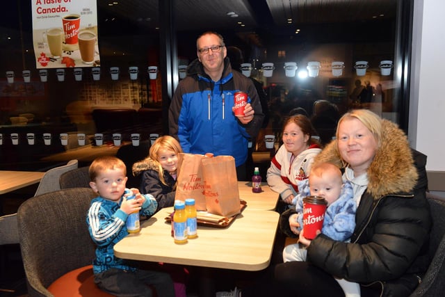 First customers Carl Tudor and Cherelle Rutherford with children Chloe Nichol, 11, Samuel Mason, 4, Isabella Mason, 7 and baby Dylan Tudor, 6 months.