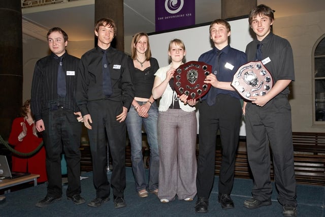 Lady Manners School Young Enterprise Firm Cloud IX with their awards for Best Presentation and Best Company at the West Deryshire regional awards in 2006. Pictured
Nick Black, Anna Harland, Mathew Isherwood, Joseph Dathan, William Wood, Emma Smith
