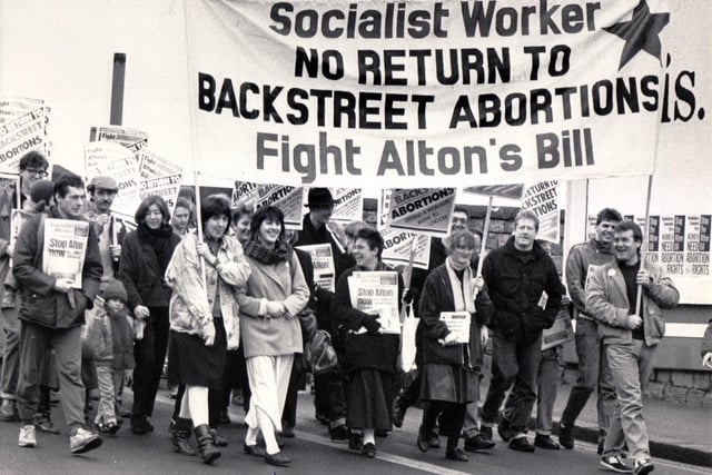 Protesters demonstrate against Liberal MP David Alton's Abortion Bill in Sheffield in January 1988.  This Bill wanted to reduce the time limit a woman could procure an abortion down to 18 weeks from 28 weeks. The Bill also coincided with the twentieth anniversary of the passing of the Abortion Act in 1967.