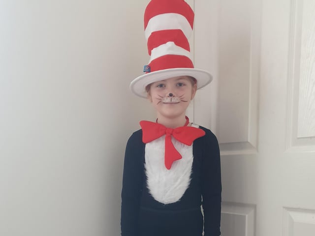 Lotti, 7, from Gosport, dressed as the Cat in the Hat for World Book Day.
