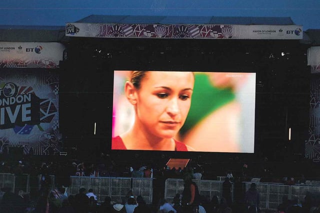 Jess Ennis on the big screen in Hyde Park, set up for people to watch the London Olympics, on August 4, 2012
