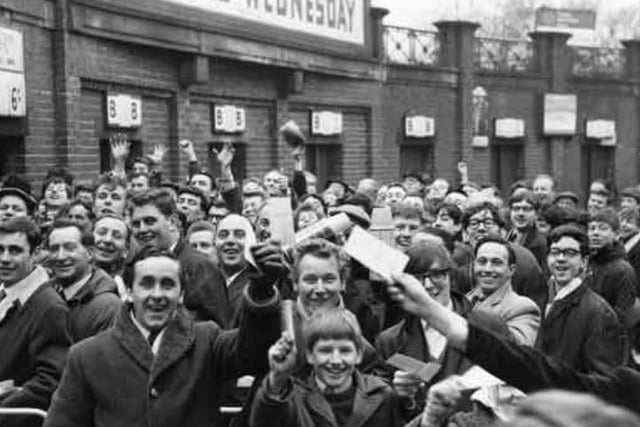 Fans queue for tickets at Hillsborough Stadium in April 1966 for the FA Cup semi-final between Sheffield Wednesday and Chelsea