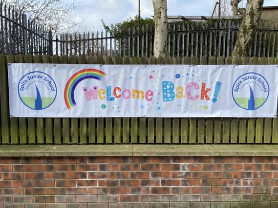 Schools across Chesterfield welcomed pupils back to class on Monday, March 8. Pictured is the banner outside Spire Junior School